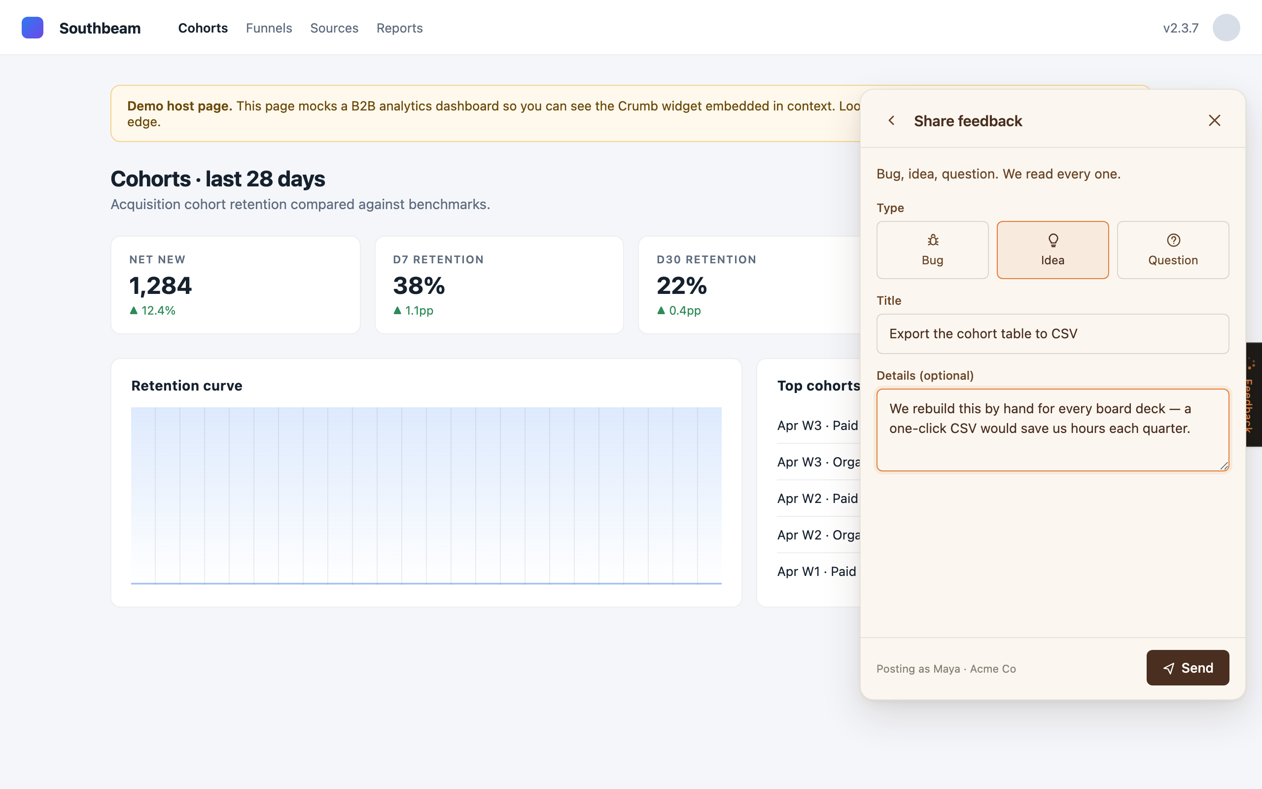 The Crumb widget compose form with idea, bug, and ask types