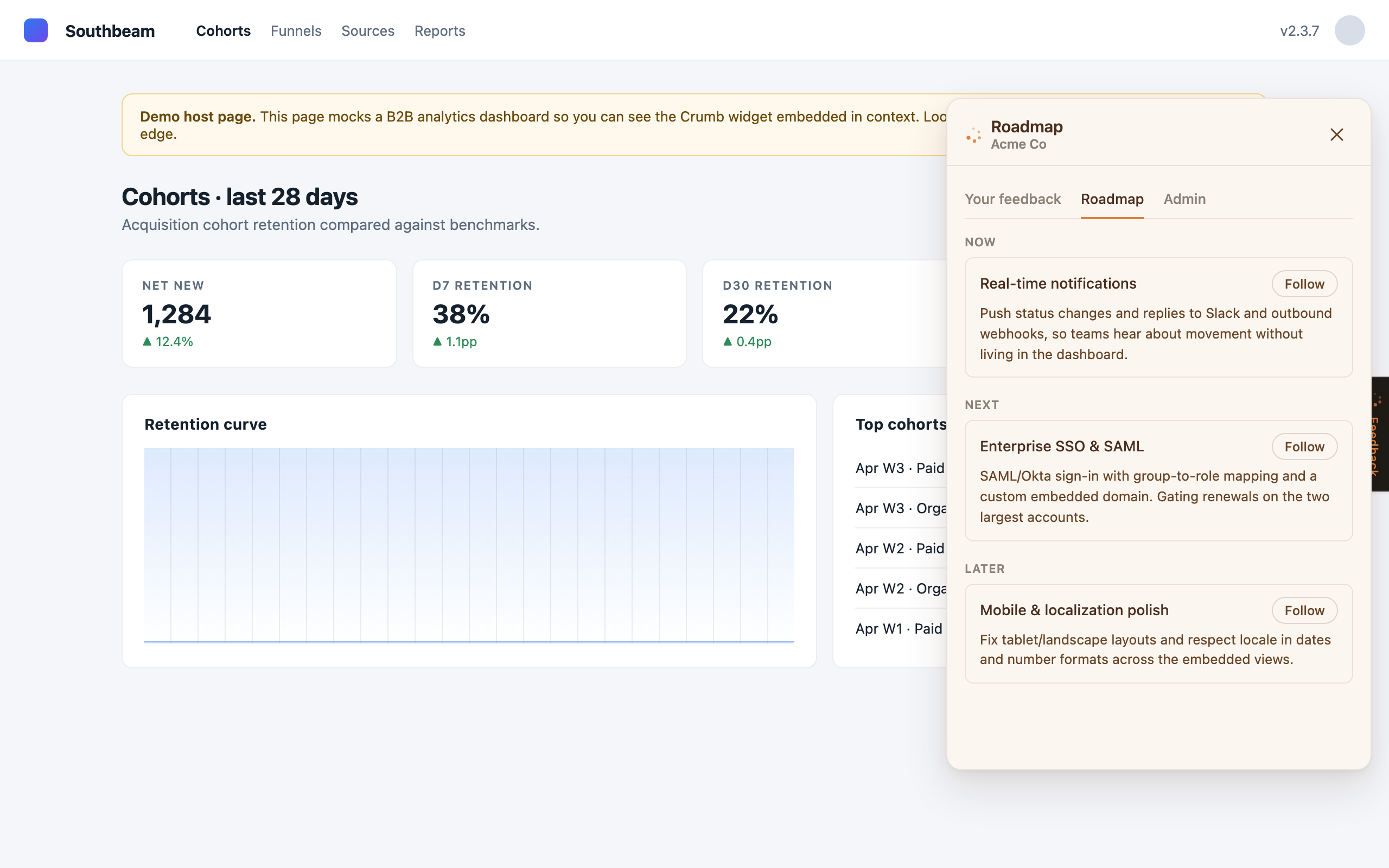 The public roadmap a customer sees, with follow buttons