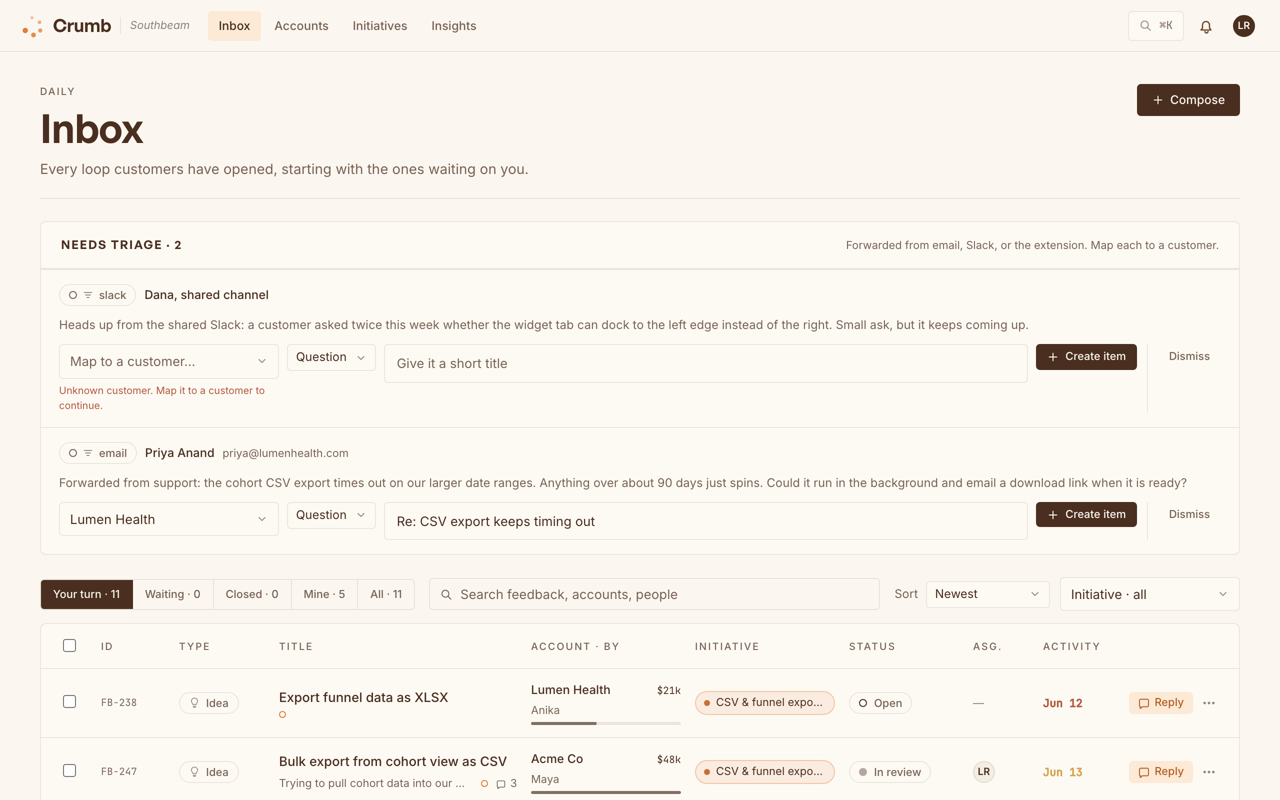 The Crumb inbox showing items with account names and ARR