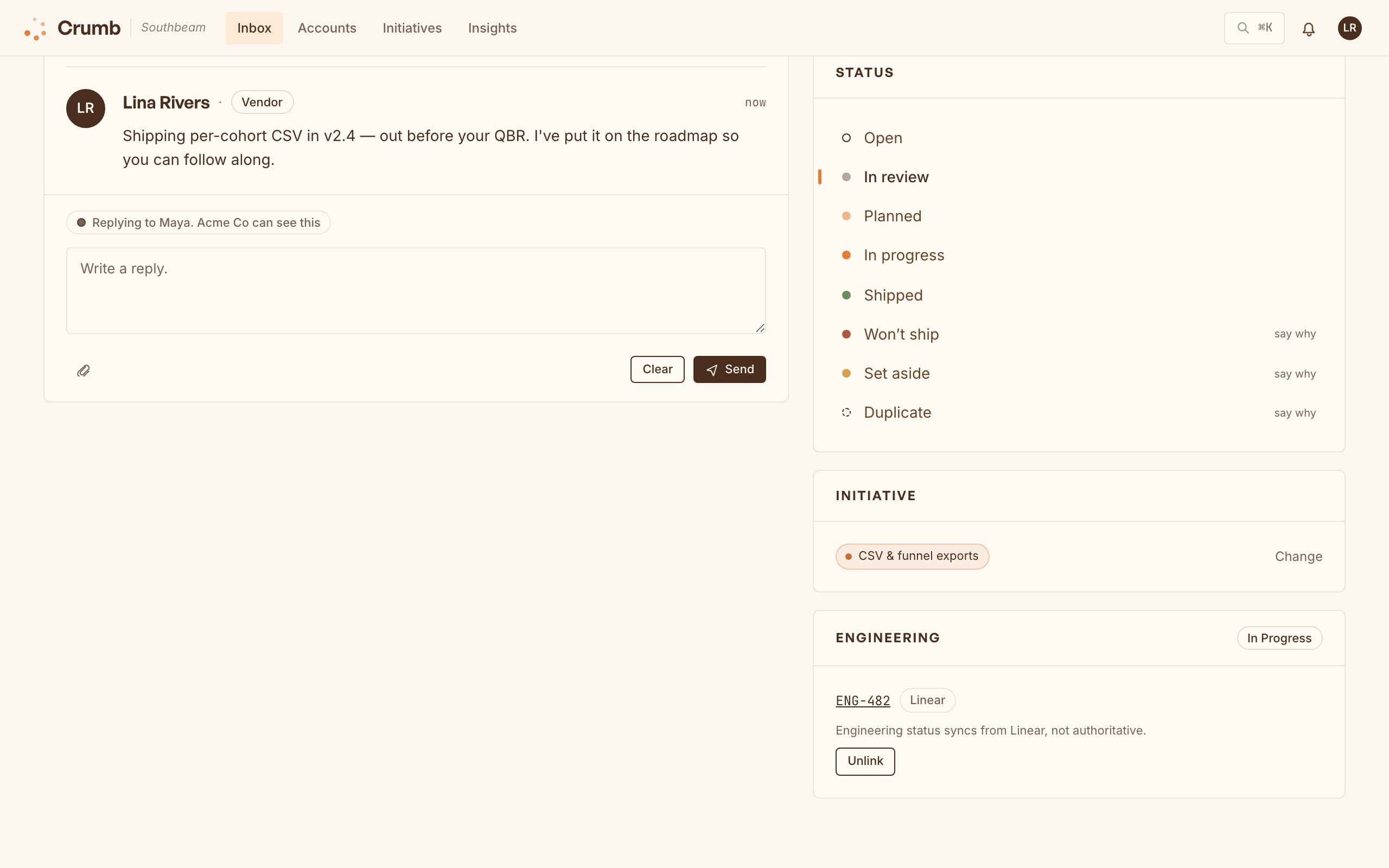 The push-to-Linear modal with an AI-drafted title and body