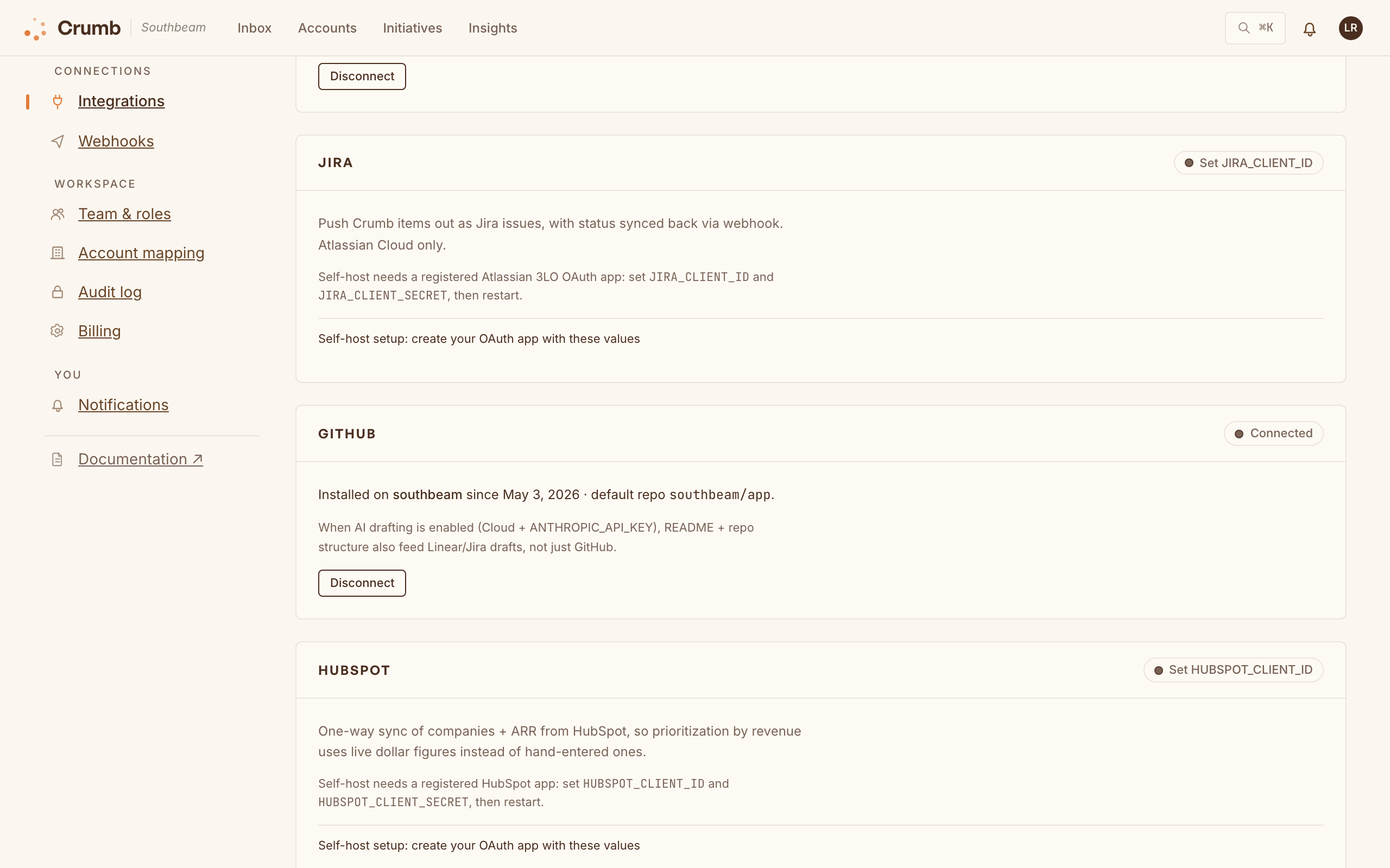 The integrations settings page with connected tools