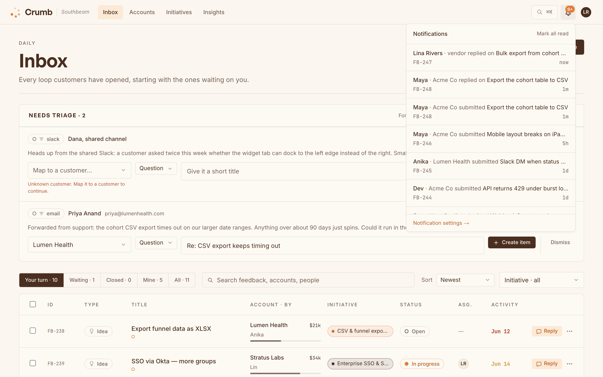 The notification bell popover listing recent replies, mentions, and new submissions