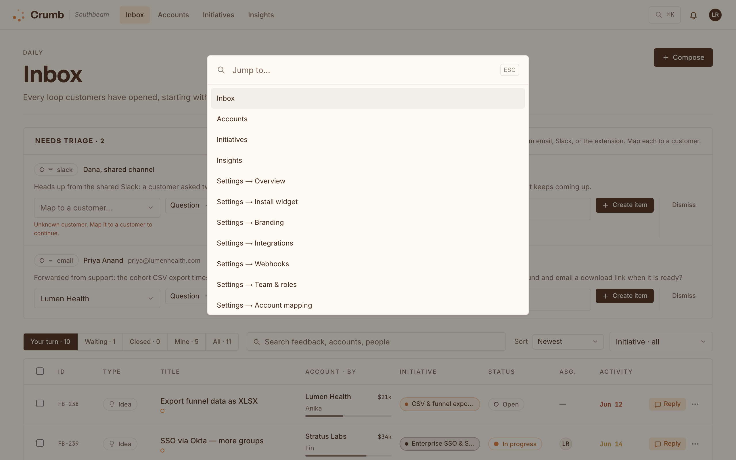 The Command-K palette open, listing pages and settings to jump to