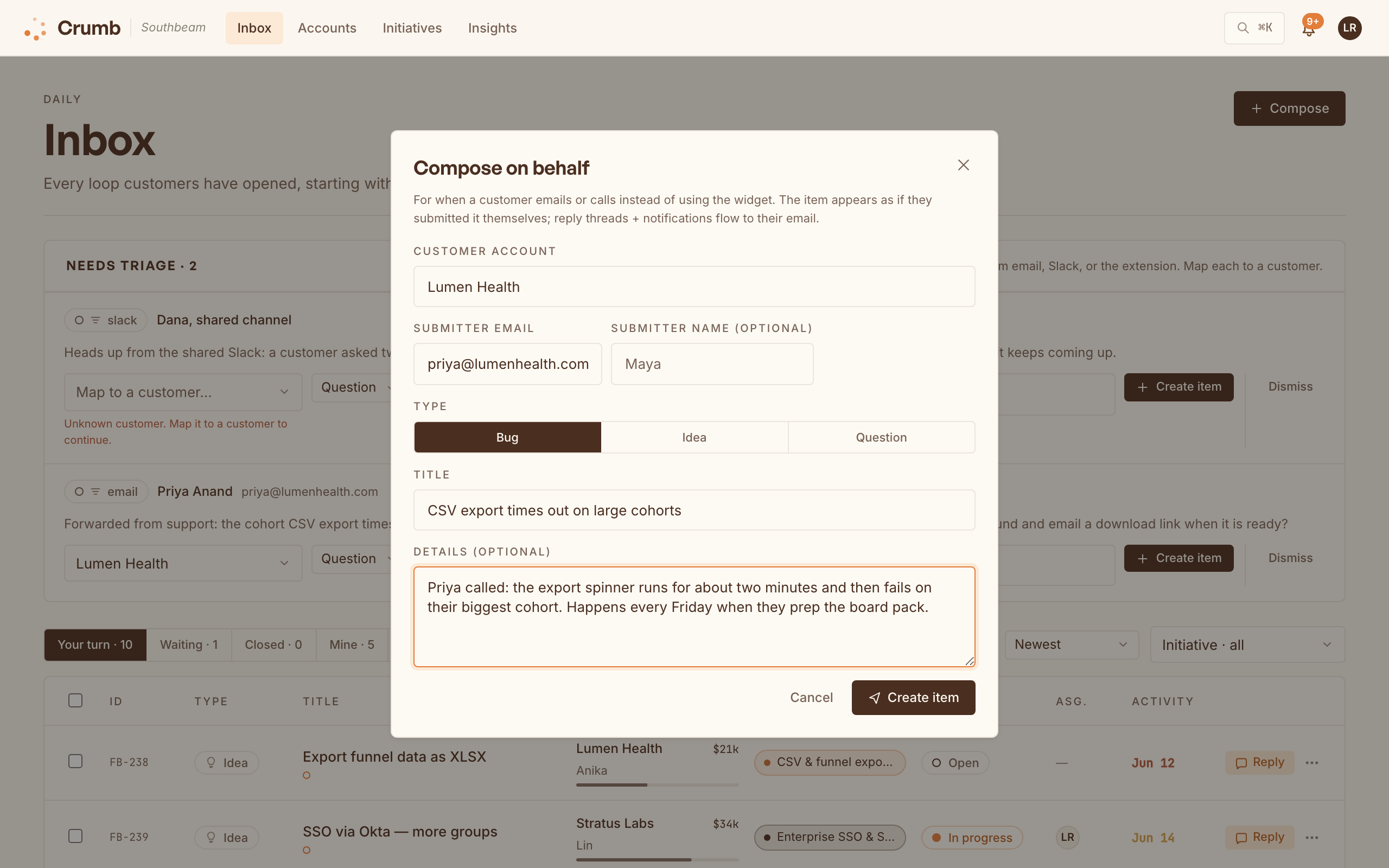 The Compose on behalf modal, filled out with a customer account and a bug report