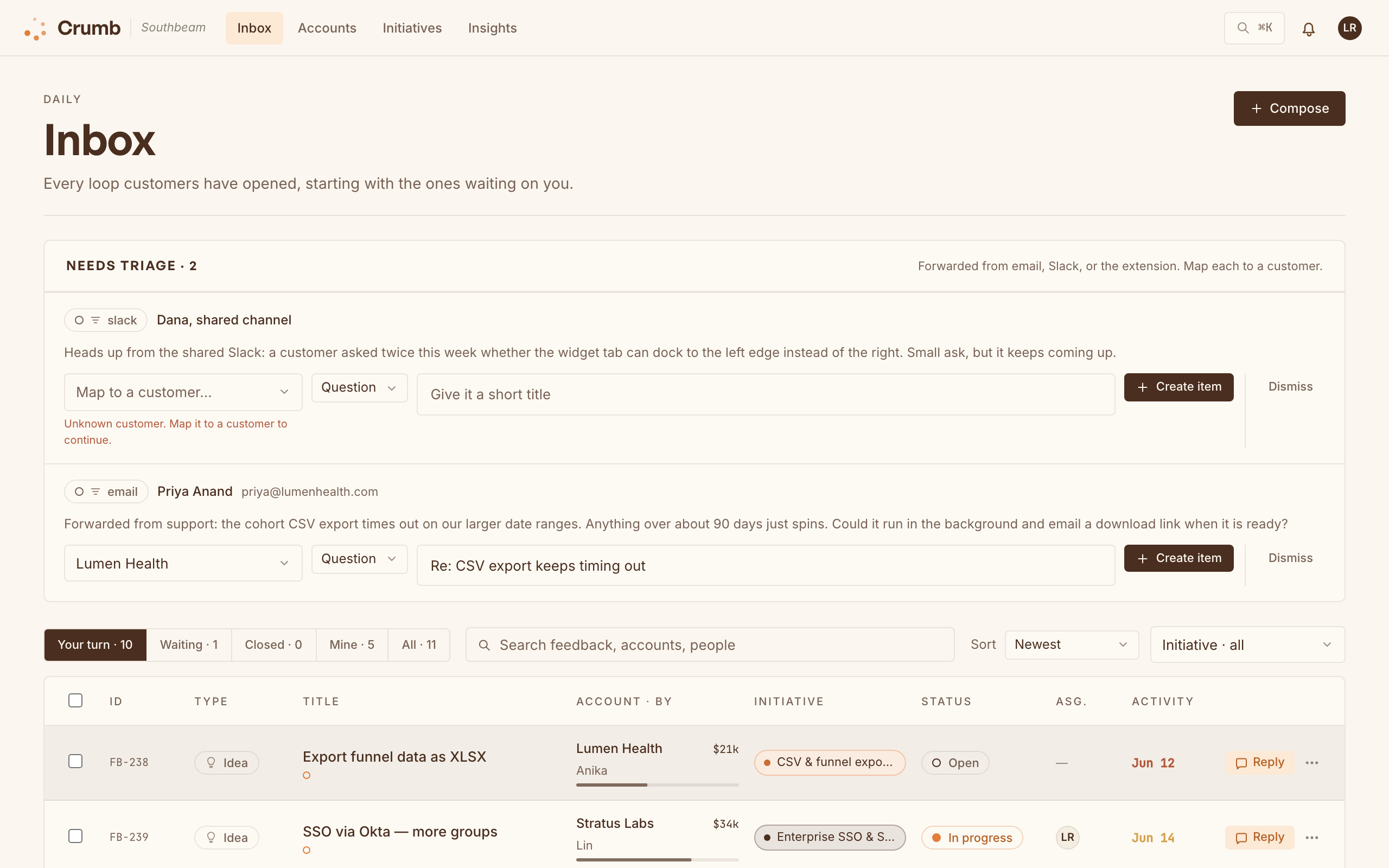 The Needs triage card at the top of the inbox with forwarded email and Slack captures