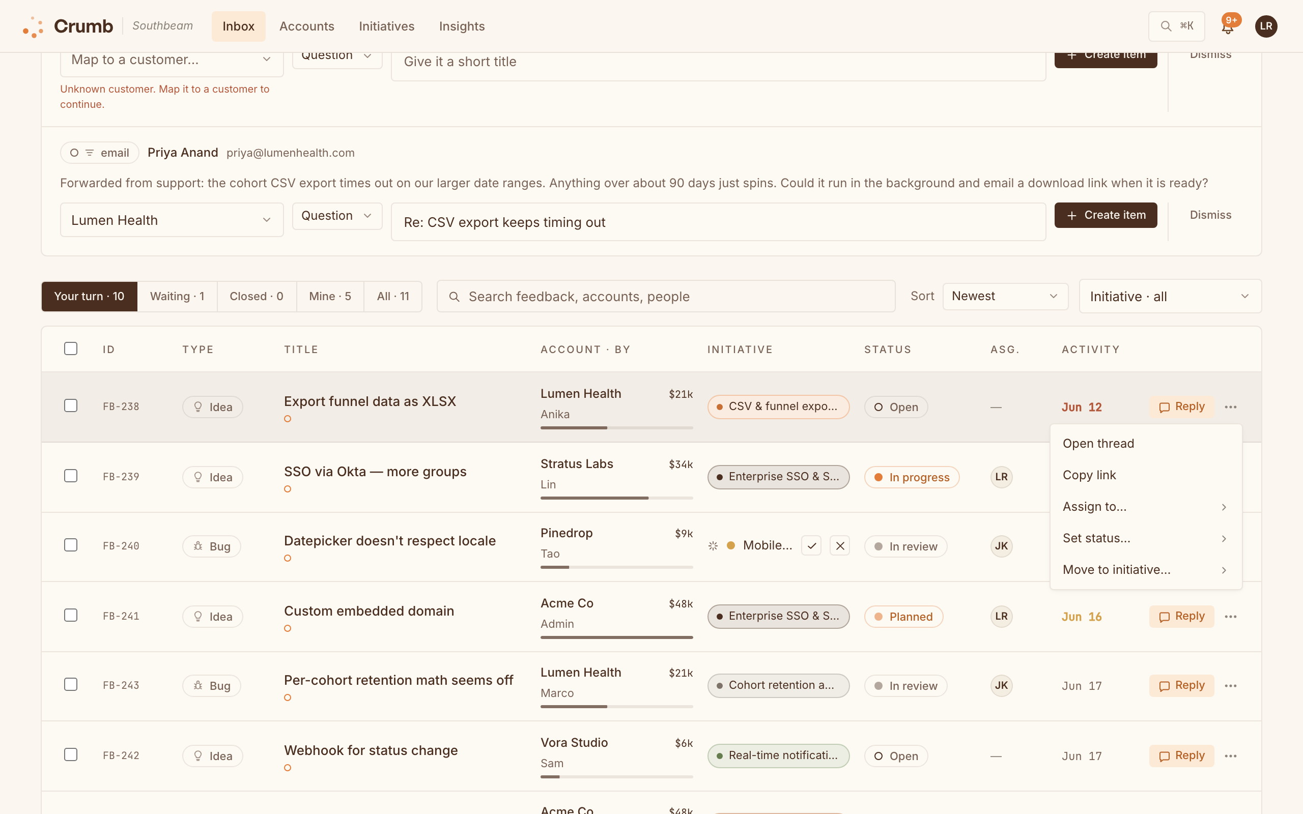 The per-row quick actions menu open on an inbox row