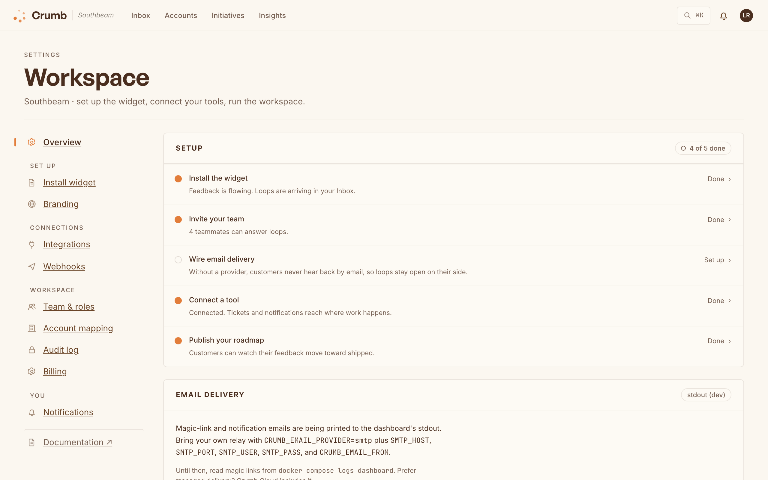 The Settings overview page with a five-step setup checklist and progress pill