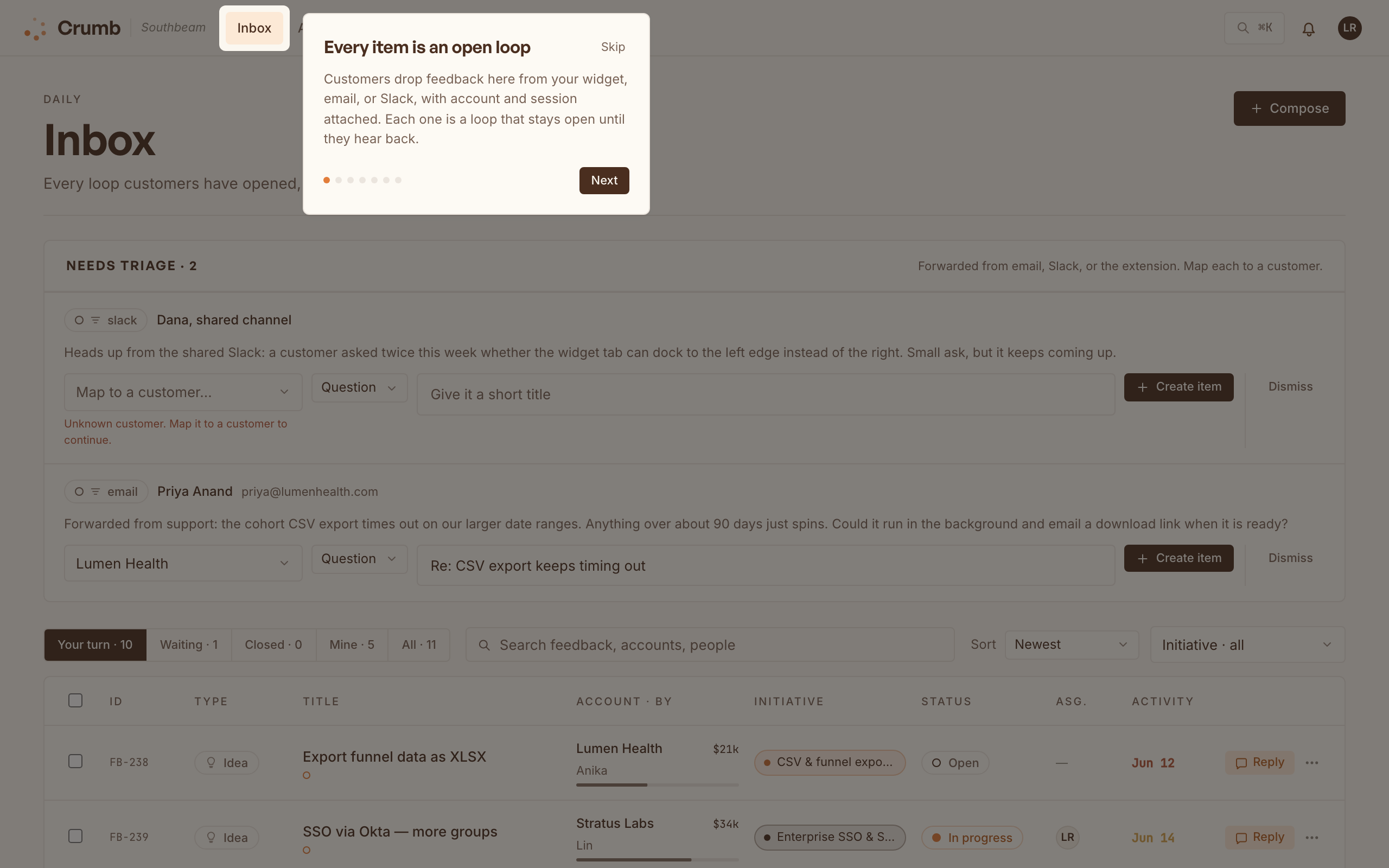 The first-run guided tour highlighting the Inbox tab